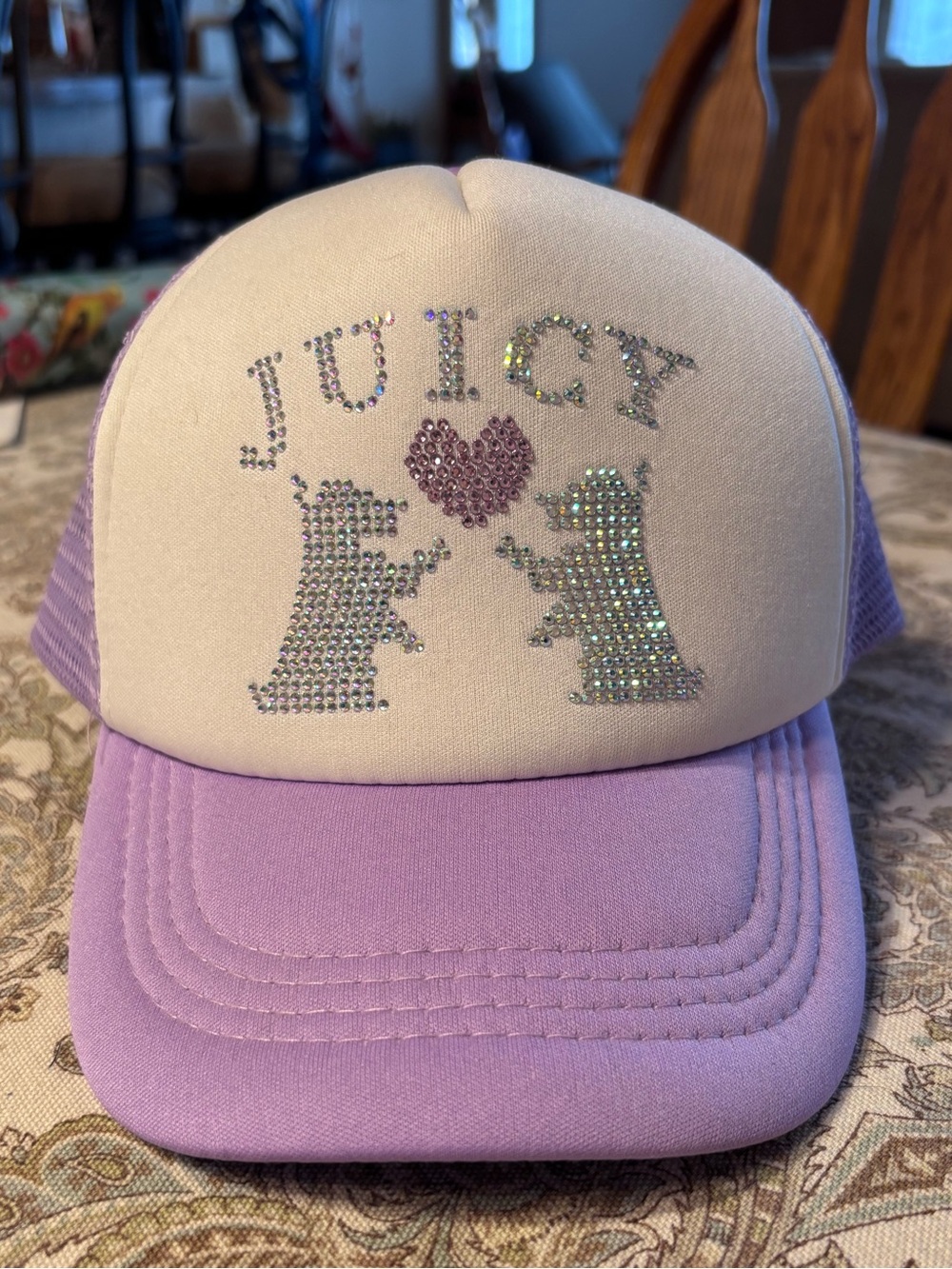 Juicy Couture White and Lilac Rhinestone Kids Trucker Hat